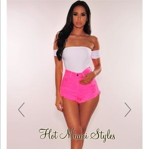 Neon pink high waist denim shorts